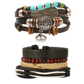 Leather Feather Peace Brown Charm Strand Wrist Band Bracelet Combo