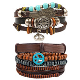 Leather Feather Peace Charm Brown Strand Wrist Band Bracelet Combo