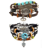 Leather Feather Peace Brown Hamsa Strand Wrist Band Bracelet Combo