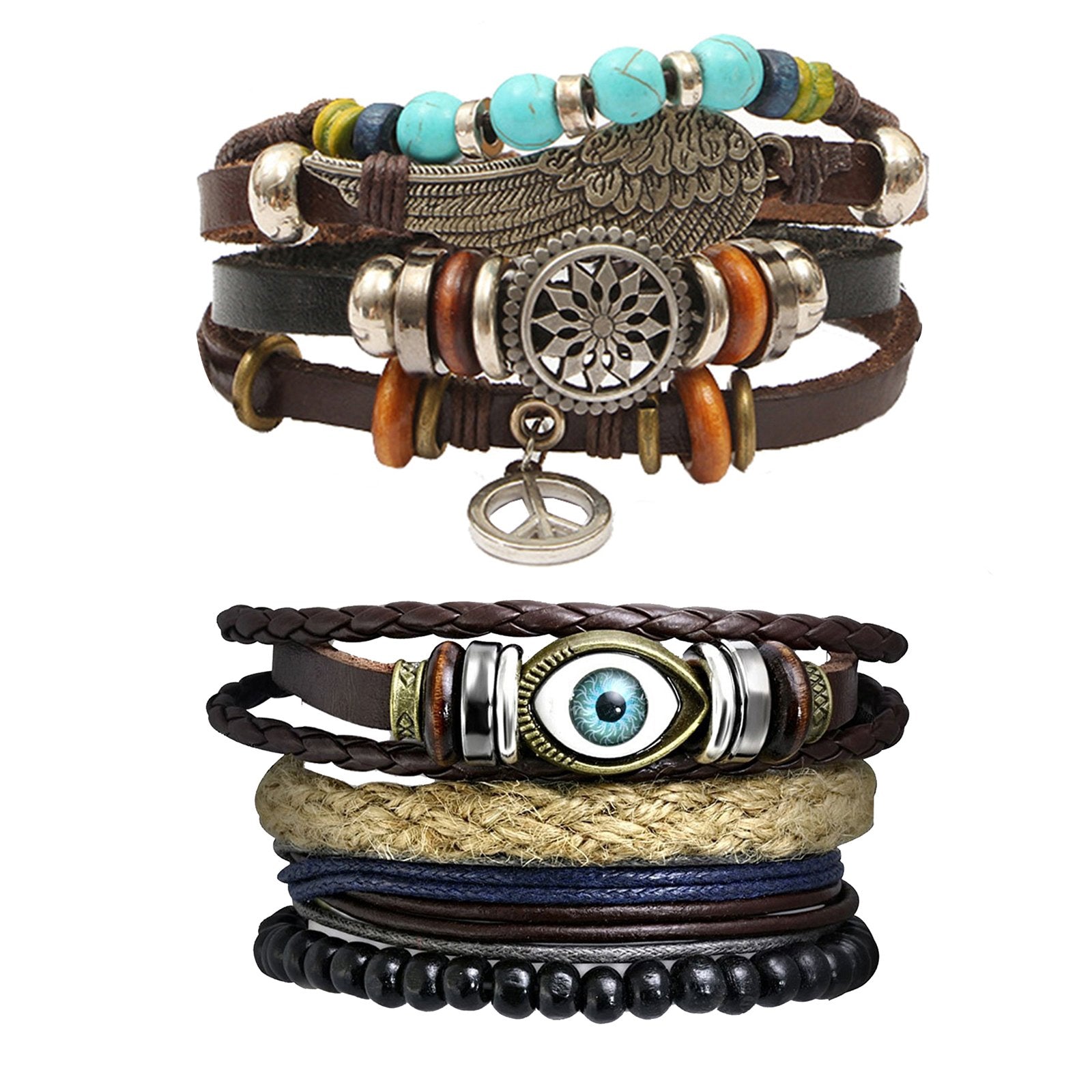 Leather Peace Charm Eyes Layer Strand Wrist Band Bracelet Combo