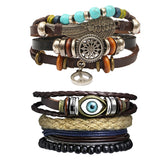 Leather Peace Charm Eyes Layer Strand Wrist Band Bracelet Combo