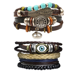 Leather Peace Charm Eyes Layer Strand Wrist Band Bracelet Combo
