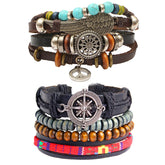 Leather Feather Peace Charm Wood Strand Wrist Band Bracelet Combo