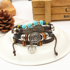 Peace Beads Black Leather Charm Wrist Band Multi Strand Bracelet