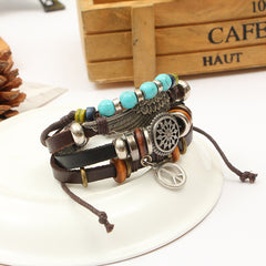 Peace Beads Black Leather Charm Wrist Band Multi Strand Bracelet