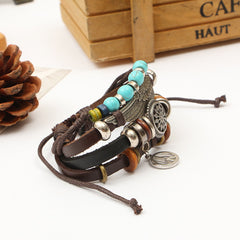 Peace Beads Black Leather Charm Wrist Band Multi Strand Bracelet