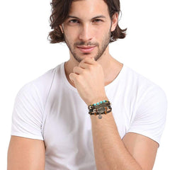 Peace Beads Black Leather Charm Wrist Band Multi Strand Bracelet