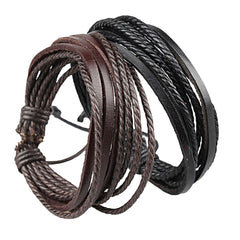 Dual Braided Black Leather Charm Wrist Band Multi Strand Bracelet