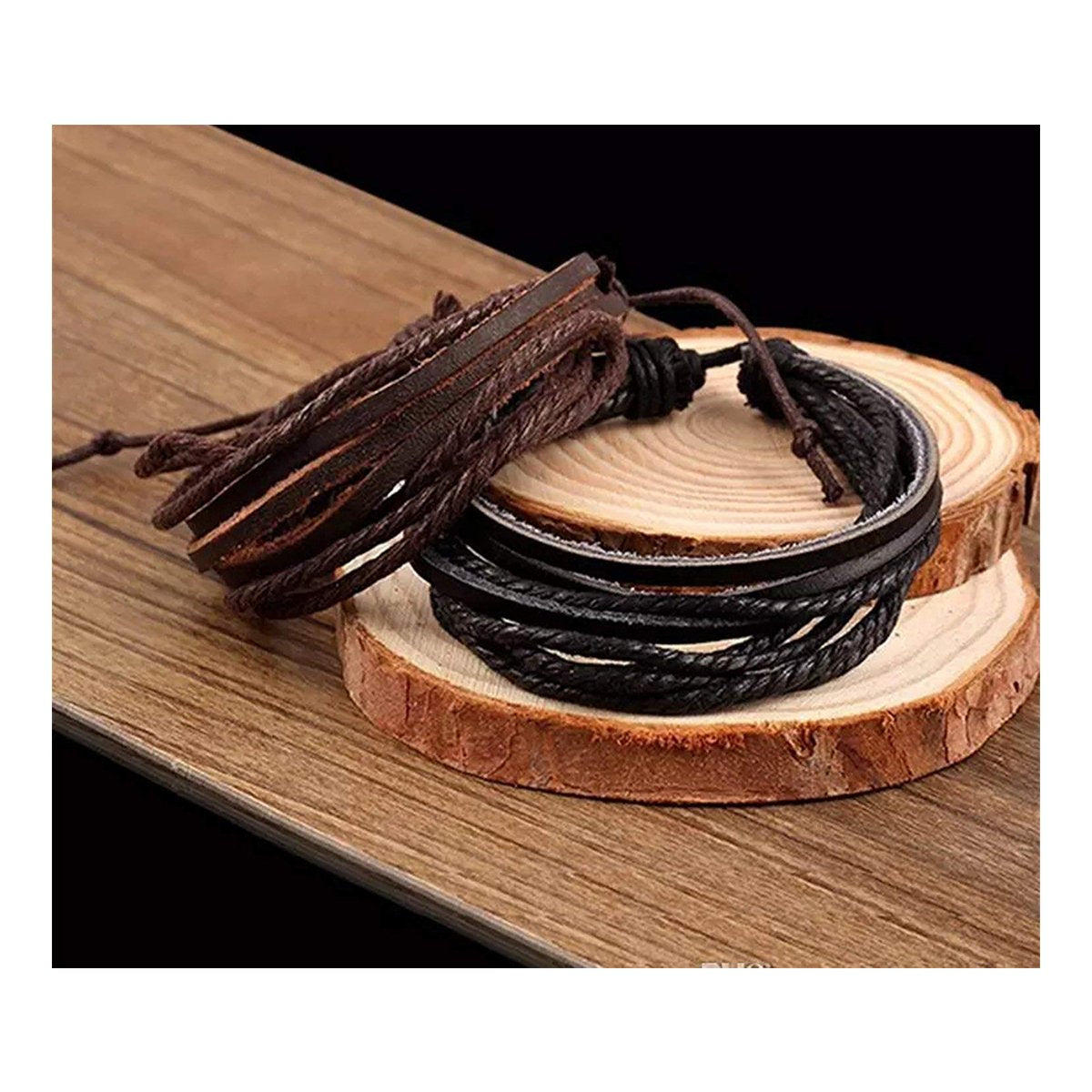 Dual Braided Black Leather Charm Wrist Band Multi Strand Bracelet