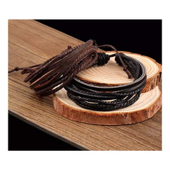 Dual Braided Black Leather Charm Wrist Band Multi Strand Bracelet