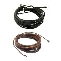 Dual Braided Black Leather Charm Wrist Band Multi Strand Bracelet