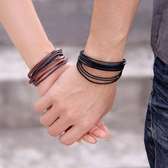 Dual Braided Black Leather Charm Wrist Band Multi Strand Bracelet