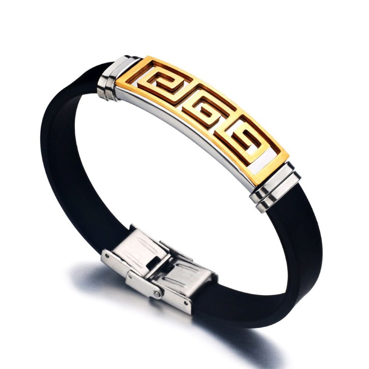Trendy Gold Black Stainless Steel Silicone Wrist Band Bracelet Men