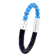 Blue Turquoise Beads Black Leather Stainless Steel Bracelet Men