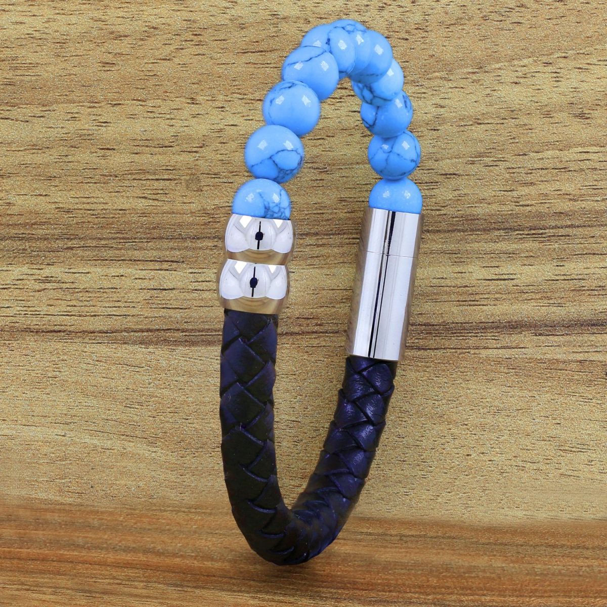 Blue Turquoise Beads Black Leather Stainless Steel Bracelet Men