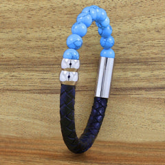Blue Turquoise Beads Black Leather Stainless Steel Bracelet Men