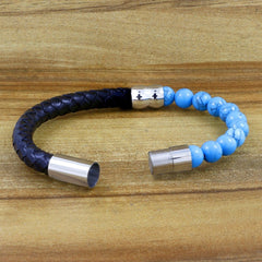 Blue Turquoise Beads Black Leather Stainless Steel Bracelet Men