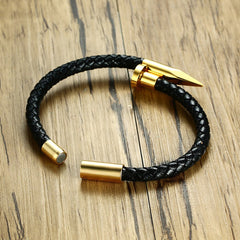 Nail Black Gold 316L Stainless Steel Braided Leather Bracelet
