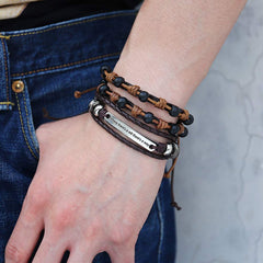 Layer Strand Beaded Braided Leather Wrist Band Wrap Around Bracelet