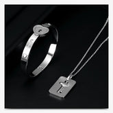Key Lock Silver Stainless Steel Pendant Chain Kada Bangle Couple Set