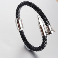 Gothic Nail Punk Black Silver Stainless Steel Braided Leather Bracelet