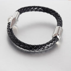 Gothic Nail Punk Black Silver Stainless Steel Braided Leather Bracelet