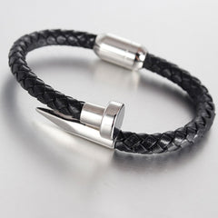Gothic Nail Punk Black Silver Stainless Steel Braided Leather Bracelet