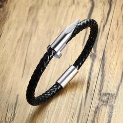 Gothic Nail Punk Black Silver Stainless Steel Braided Leather Bracelet