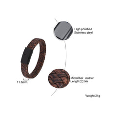 Braided Brown Leather Black Stainless Steel Wrist Band Personalized Engraved Bracelet Men