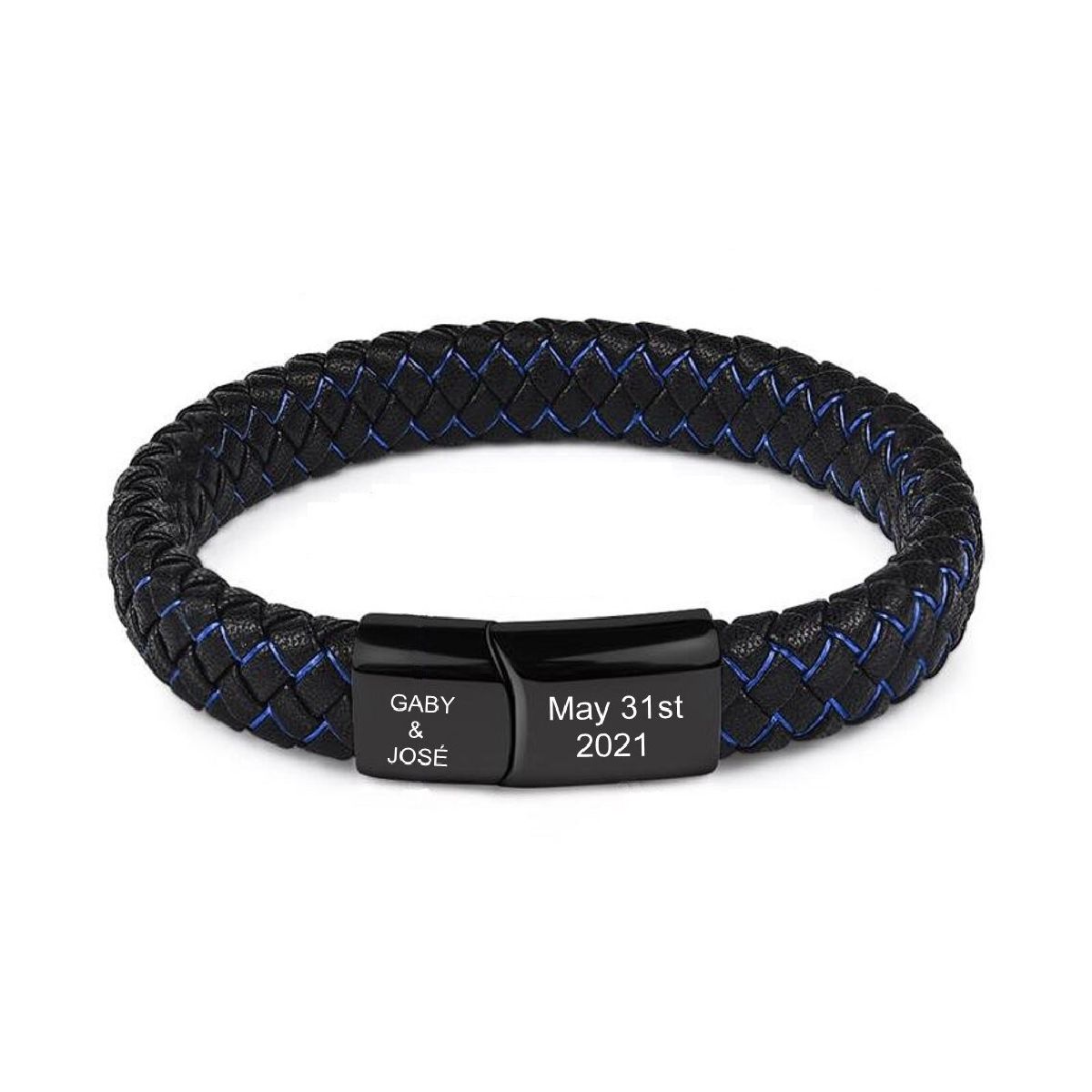 Braided Blue Black Leather Stainless Steel Wrist Band Personalized Engraved Bracelet Men