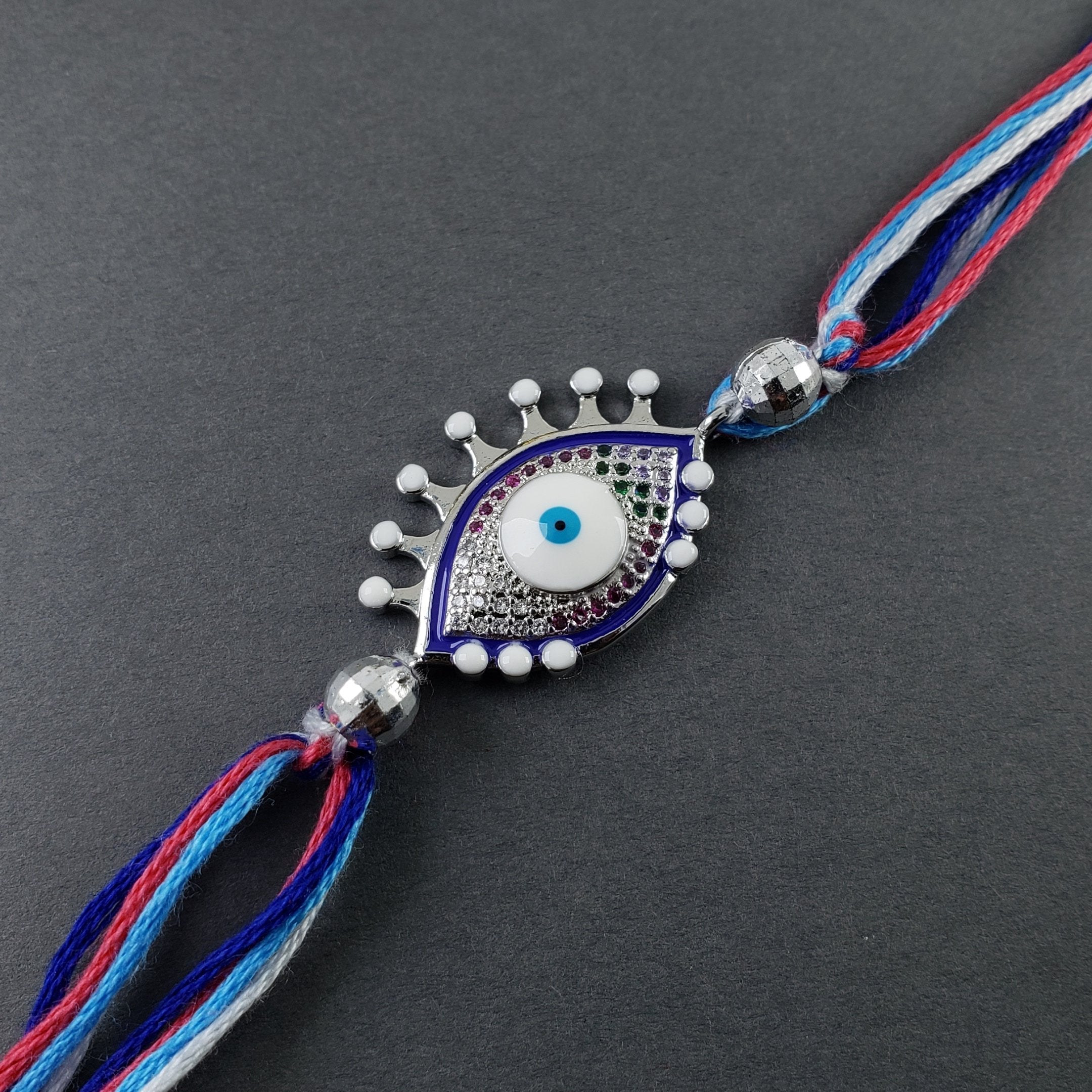 Evil Eye Enamel Blue Silver American Diamond White Thread Rakhi