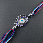 Evil Eye Enamel Blue Silver American Diamond White Thread Rakhi