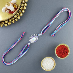 Evil Eye Enamel Blue Silver American Diamond White Thread Rakhi