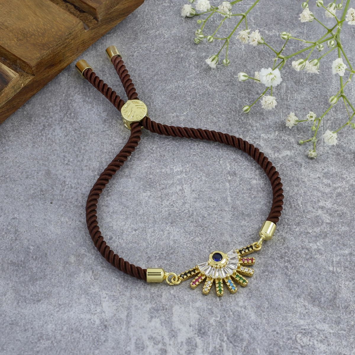 Rainbow Colourful Gold Brown Cubic Zirconia Adjustable Thread Bracelet