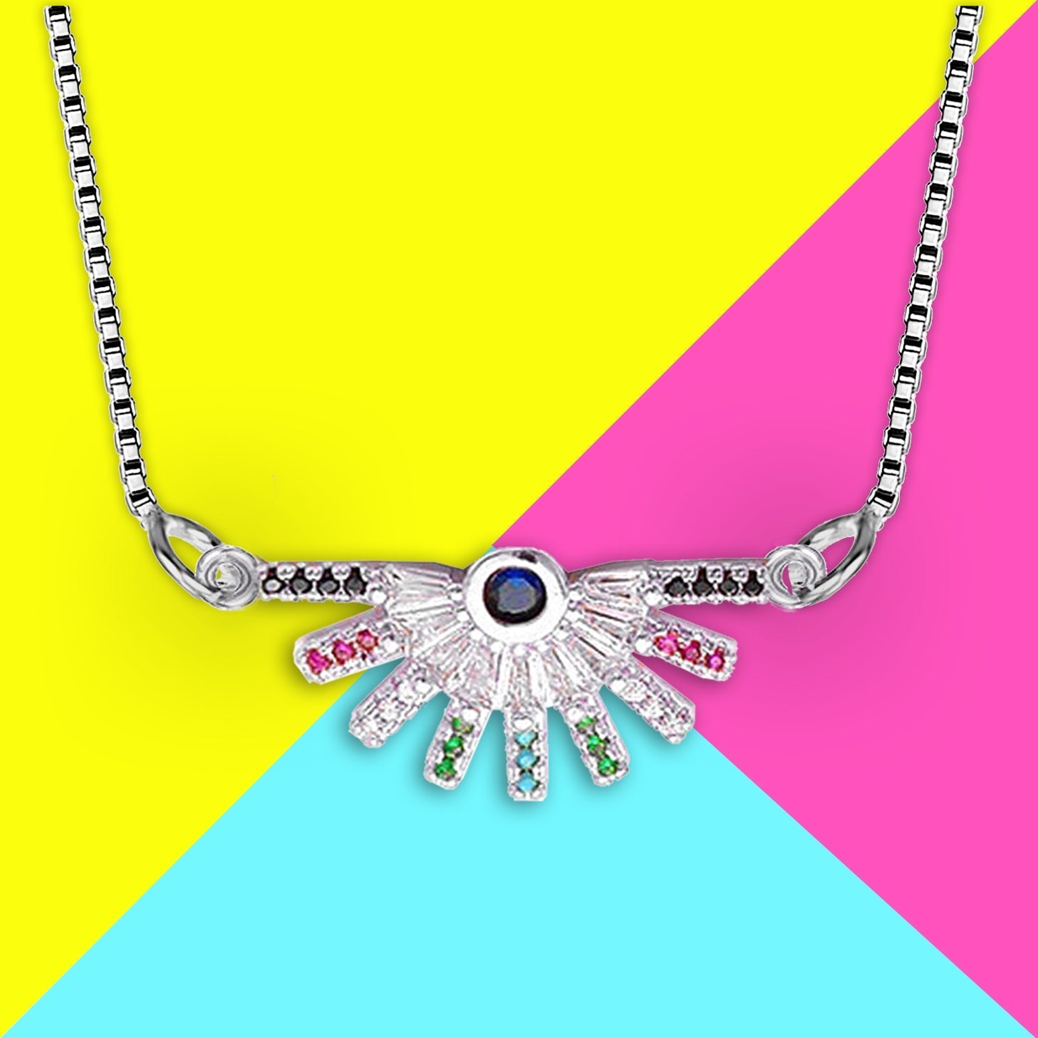 Rainbow Colourful Silver American Diamond Necklace Pendant Chain Women