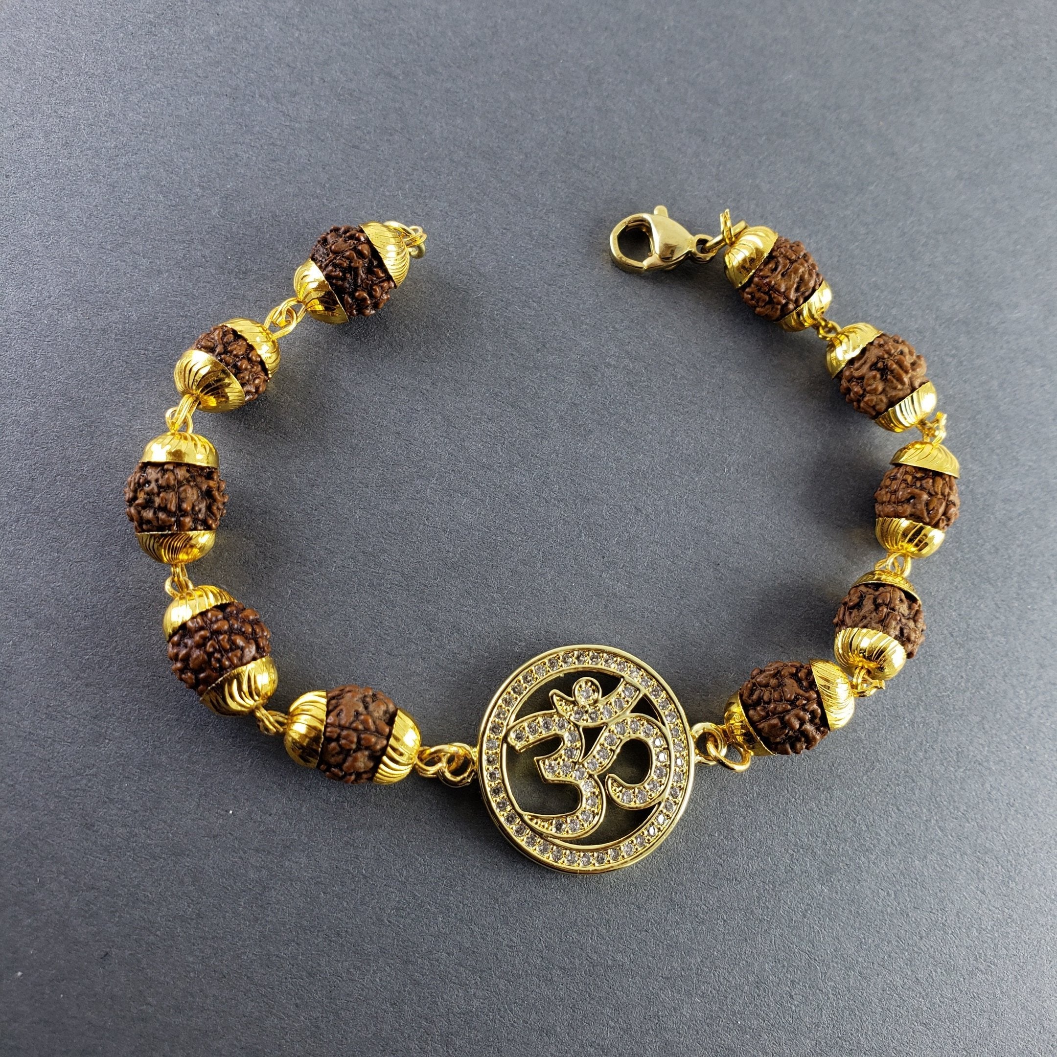 Om Gold Cubic Zirconia Rudraksh Beads Bracelet For Women