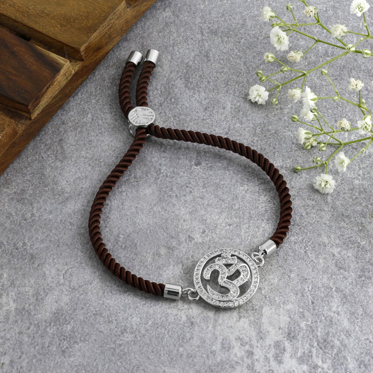 Aum Om Silver Brown American Diamond Adjustable Thread Bracelet