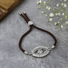 Turkish Evil Eye Baguette Silver Brown CZ Thread Bracelet