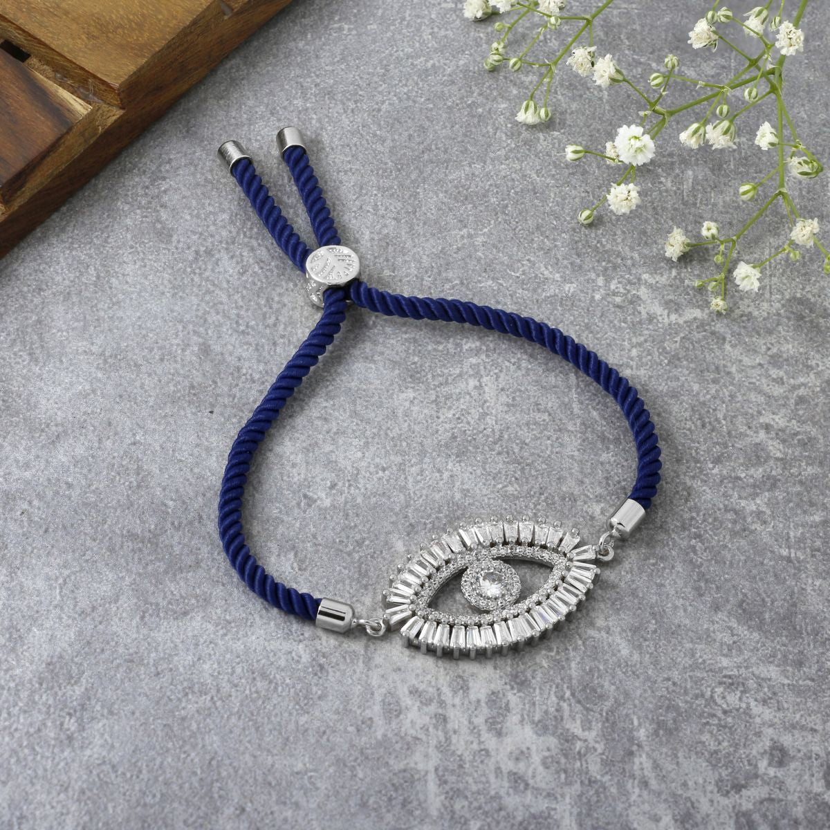 Turkish Evil Eye Baguette Silver Blue CZ Thread Bracelet