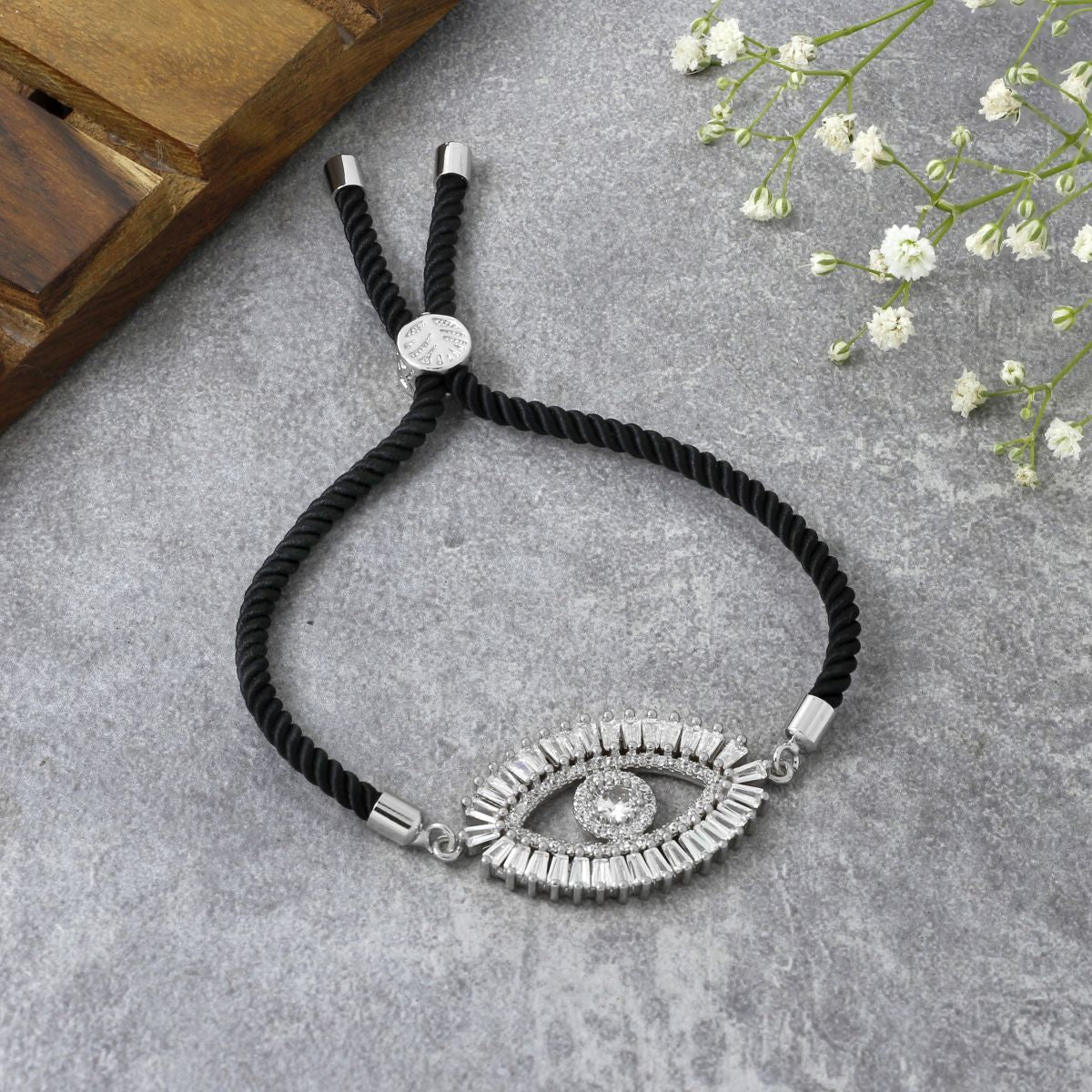 Turkish Evil Eye Baguette Silver Black CZ Thread Bracelet