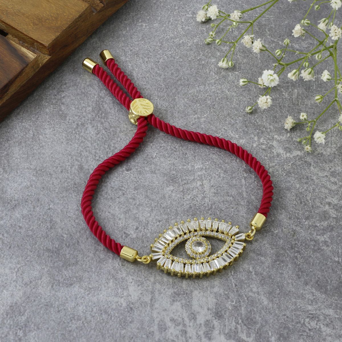Turkish Evil Eye Baguette Gold Pink American Diamond Thread Bracelet