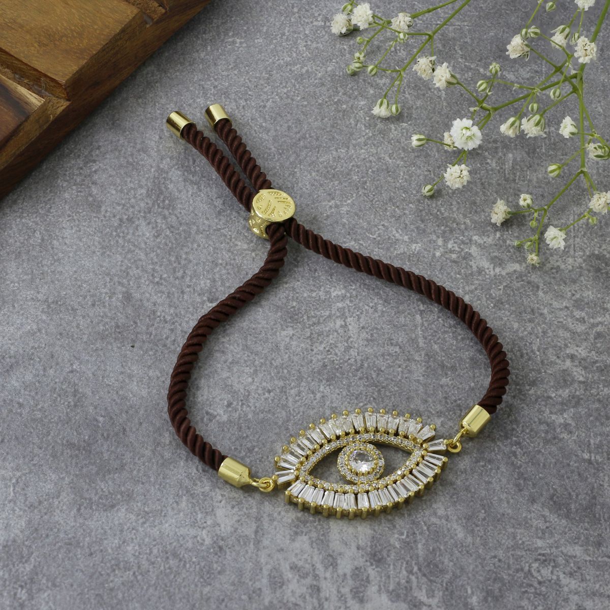 Turkish Evil Eye Baguette Gold Brown American Diamond Thread Bracelet