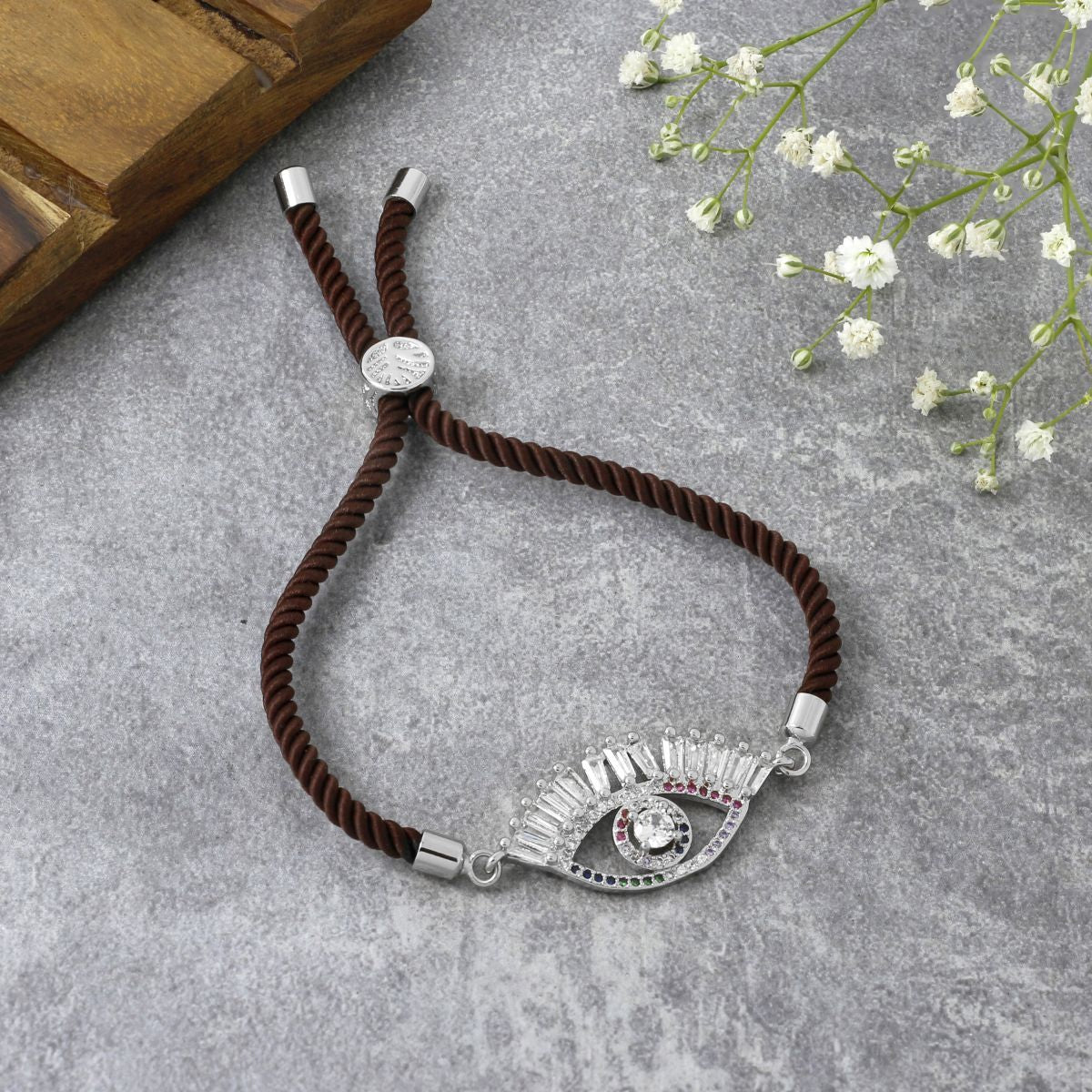 Evil Eye Good Baguette Silver Brown CZ Thread Bracelet