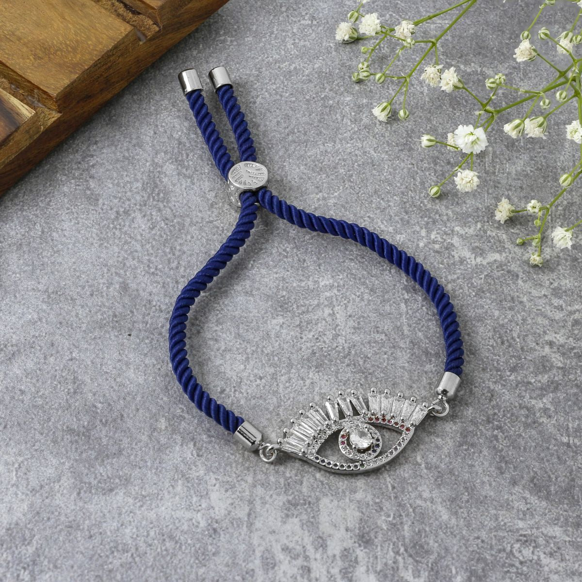 Evil Eye Good Baguette Silver Blue CZ Thread Bracelet