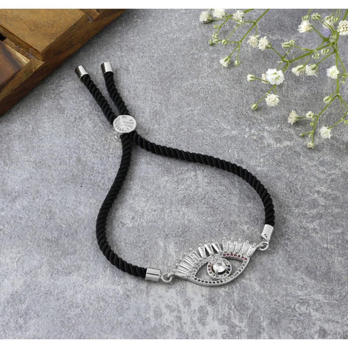 Evil Eye Good Baguette Silver Black CZ Thread Bracelet