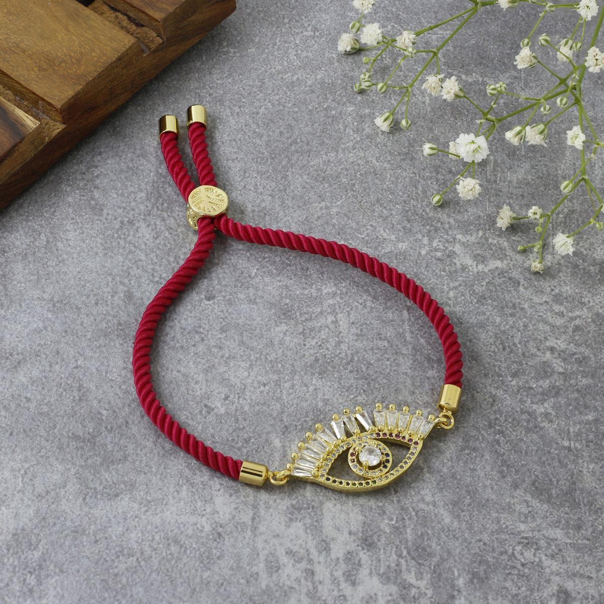 Evil Eye Good Baguette Gold Pink American Diamond Thread Bracelet