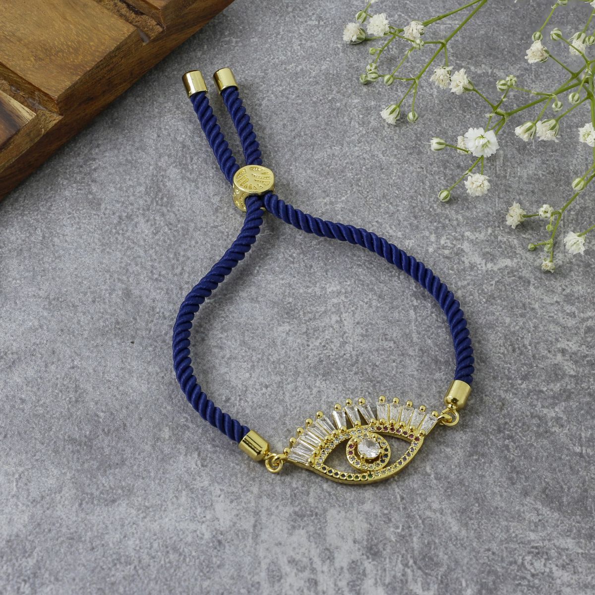 Evil Eye Good Baguette Gold Blue American Diamond Thread Bracelet