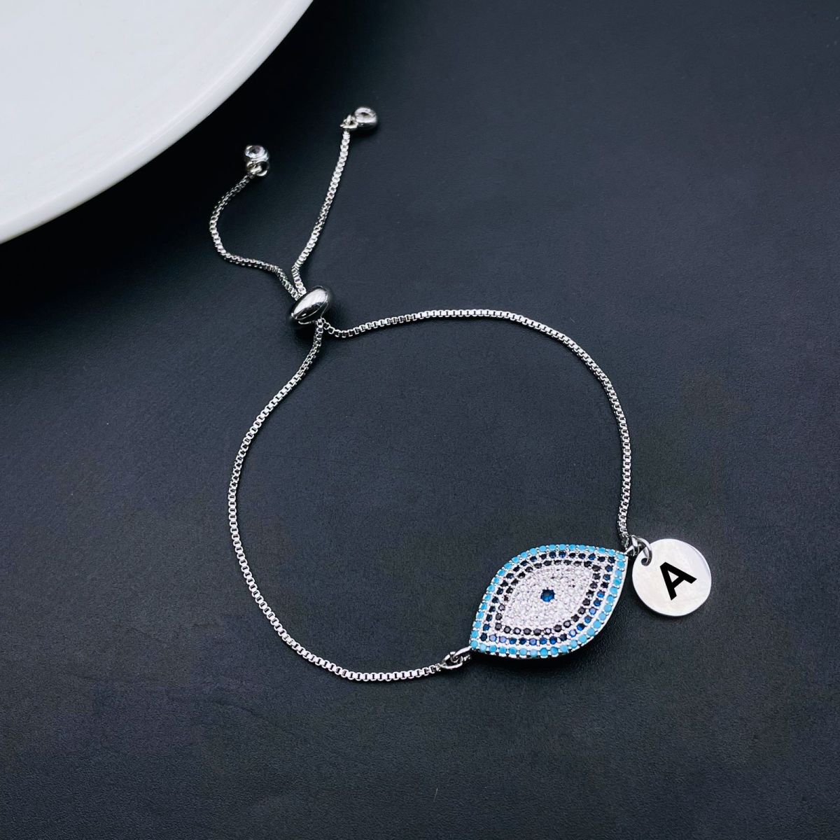Evil Eye Silver Blue CZ Medallion Charm Slider Bracelet