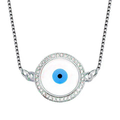 Round Turkish Evil Eye CZ Silver Necklace Pendant Chain