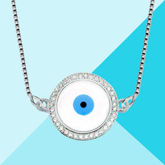 Round Turkish Evil Eye CZ Silver Necklace Pendant Chain